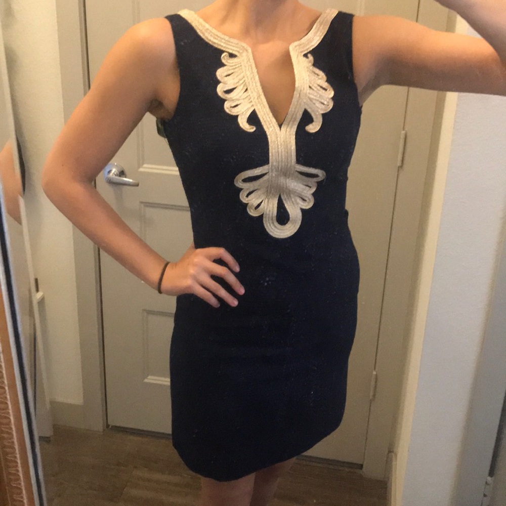 Lily Pulitzer Navy Blue and Gold Shift Dress